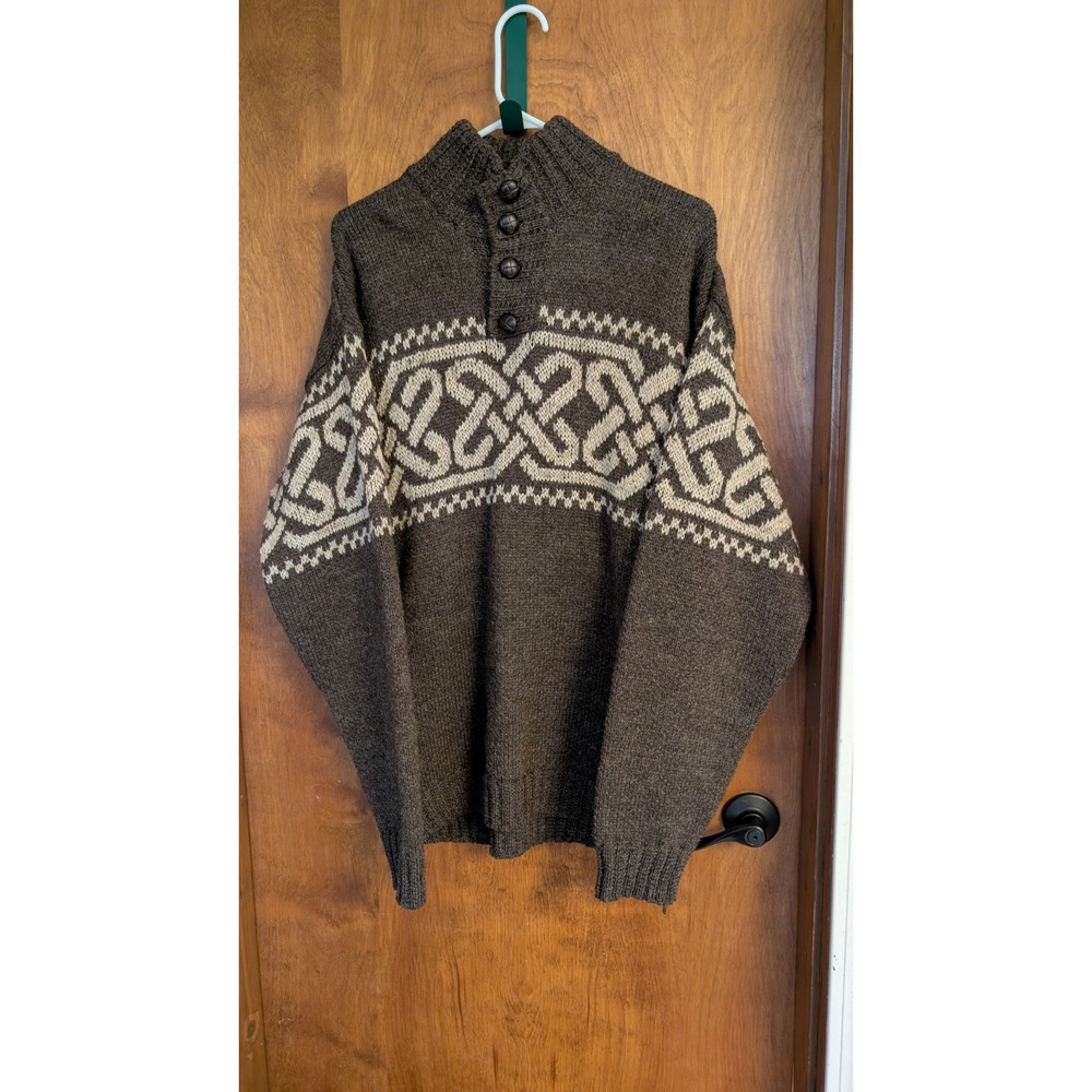 Aran Woolen Mills Sweater Mens L Brown 100% Wool Henley Celtic Knot Chunky